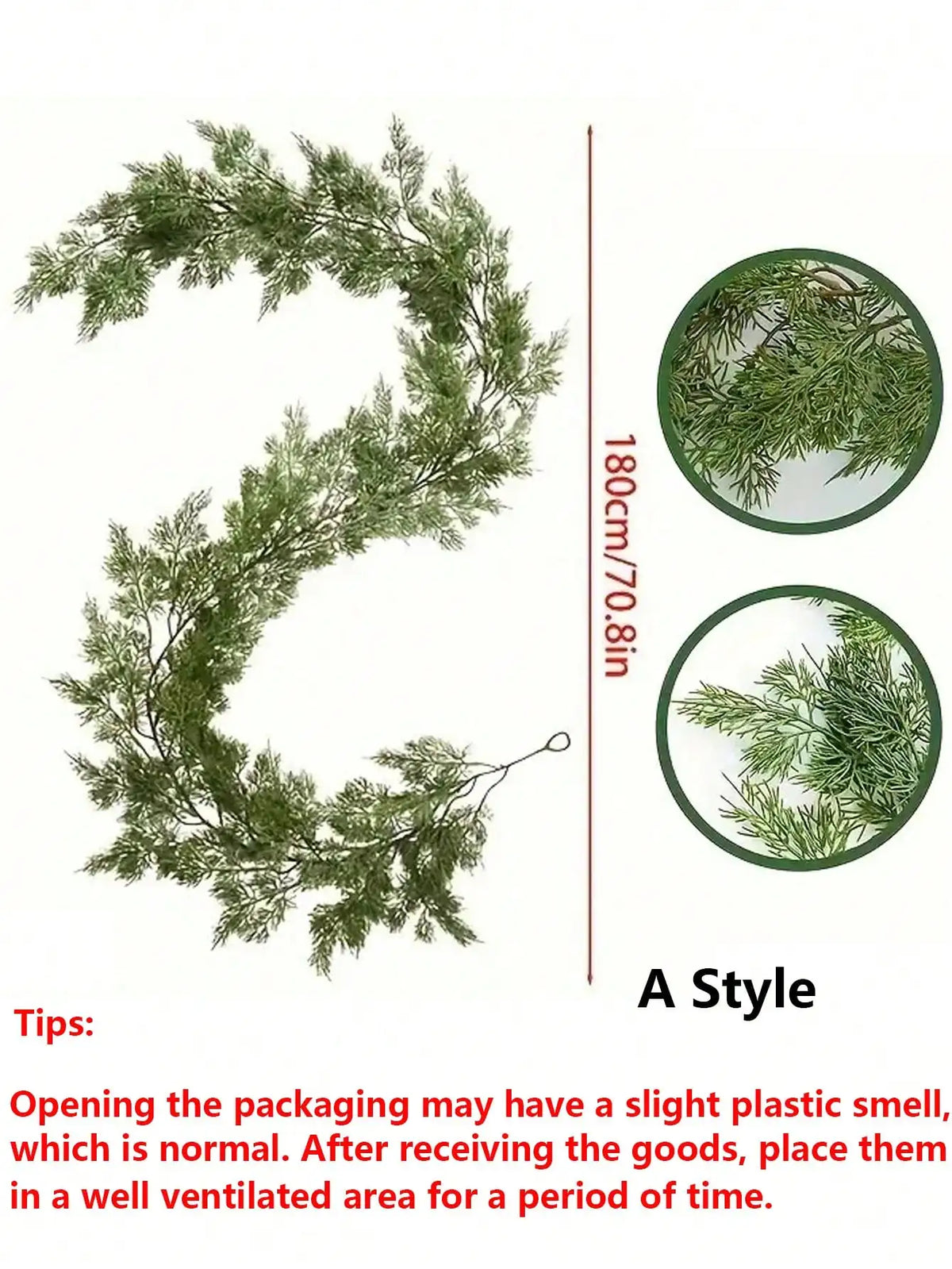 A long, curved garland of artificial Norfolk pine greenery in winter green for indoor and outdoor decor