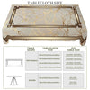 A rectangular marble stripe tablecloth with gold veins shown alongside various table shapes like rectangle and round.