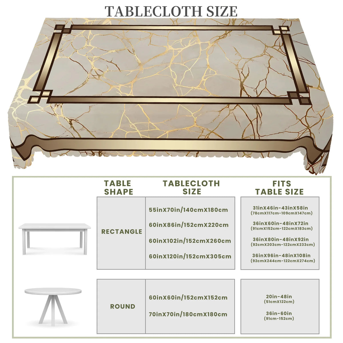 A rectangular marble stripe tablecloth with gold veins shown alongside various table shapes like rectangle and round.