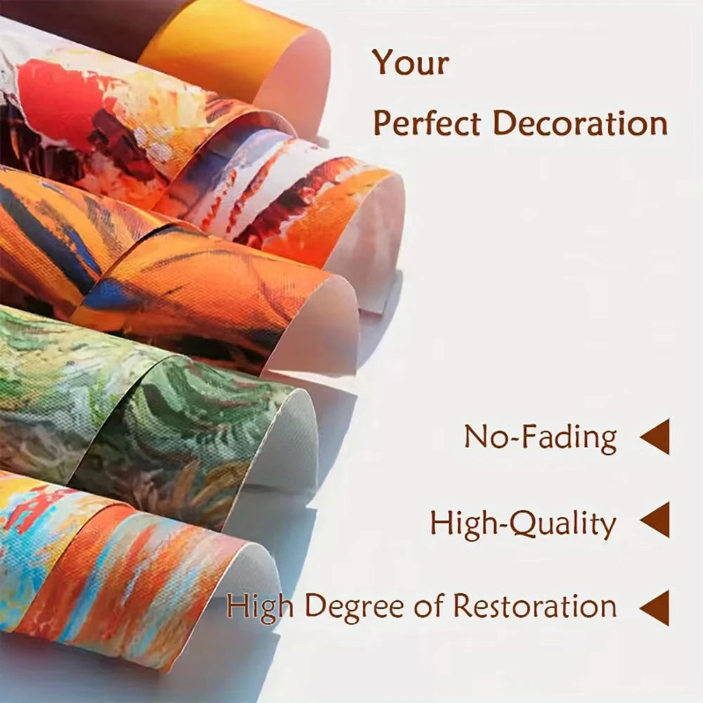 Rolls of vibrant fabric and canvas art demonstrating high-quality decoration and restoration options