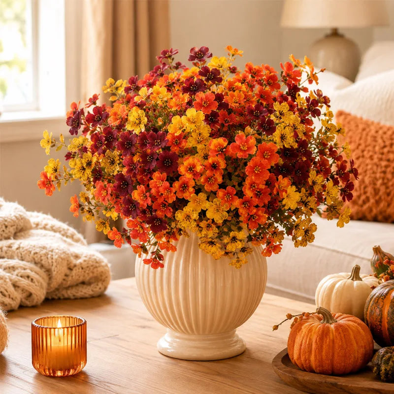 A vibrant arrangement of artificial pansy flowers in shades of orange, yellow, and deep red sits on a wooden table.