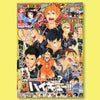 A wall poster featuring characters from Haikyuu anime series with various titles and artwork.