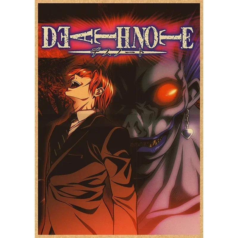 Anime wall art featuring a man and a menacing skull with Japanese text above them.