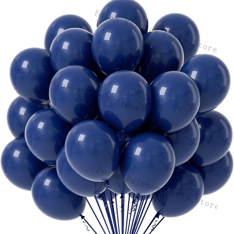 A cluster of matte blue latex balloons forming a decorative garland.