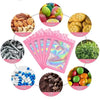A collection of various items including nuts, candy, cookies, tea leaves, drugs, and coffee beans displayed in pink holograph