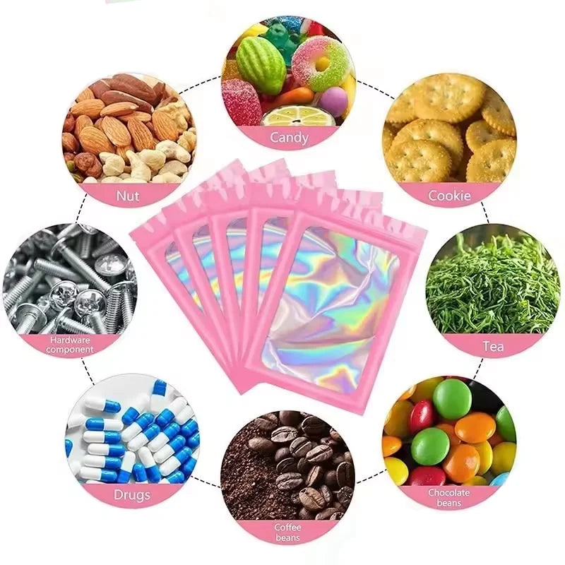 A collection of various items including nuts, candy, cookies, tea leaves, drugs, and coffee beans displayed in pink holograph
