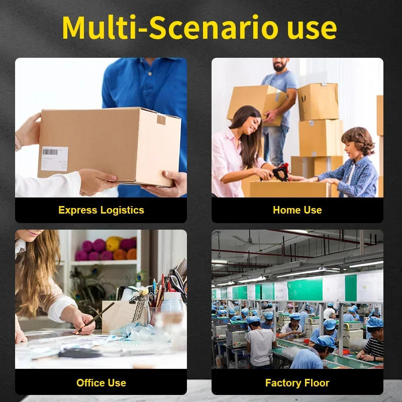 A collage showing the multi-scenario use of heavy-duty transparent packing tape for sealing boxes in logistics, home, office,