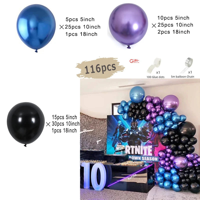 A kit for creating an elegant black and gold balloon garland arch with starburst foil accents, including various sized balloo