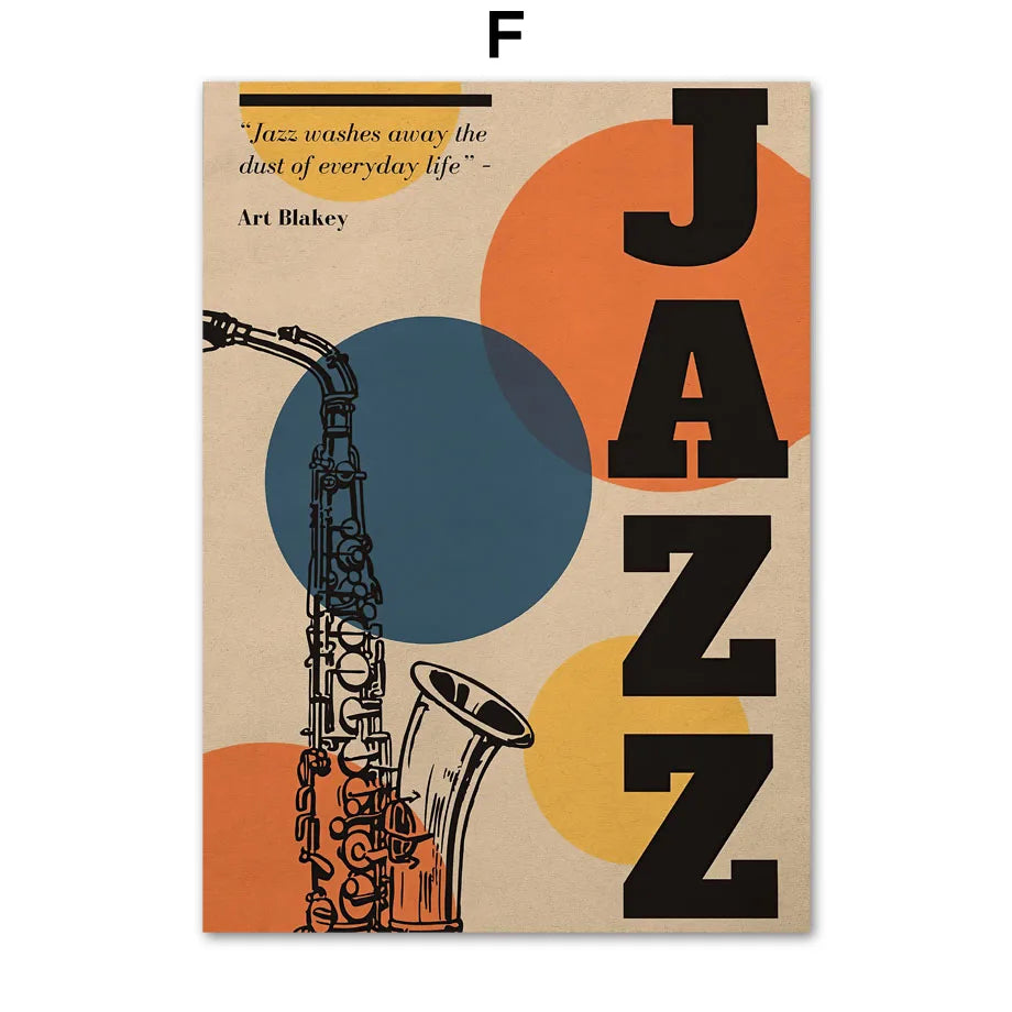 Abstract wall art featuring silhouettes of a saxophone, cello, and piano against an orange background with large black letter