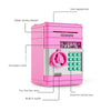 A pink automatic mini cash saving piggy bank with coin and paper money deposit slots.