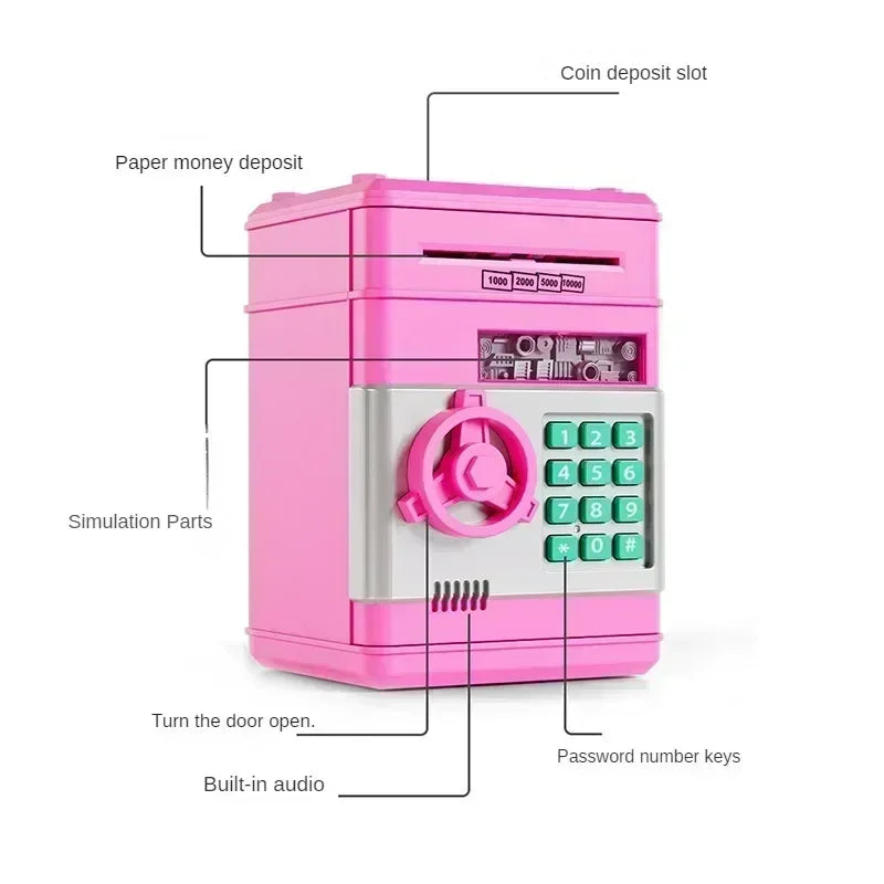 A pink automatic mini cash saving piggy bank with coin and paper money deposit slots.