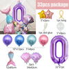 A 33 piece balloon set featuring a large purple number zero and various mermaid shell and round balloons for party decor