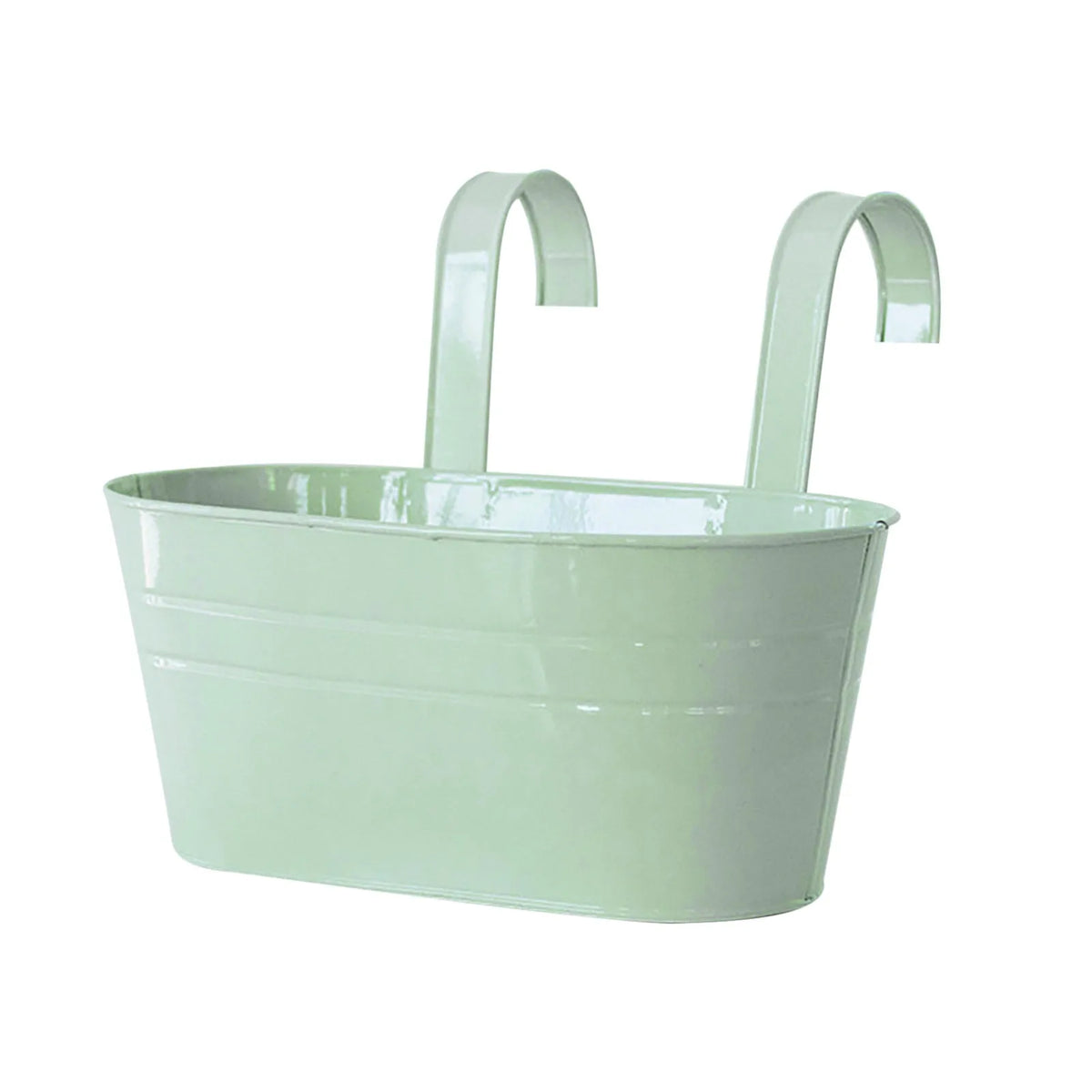 A light green modern boho metal hanging planter with curved metal arms.