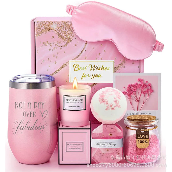 A pink lavender spa gift basket set featuring a pink silicone mask, candle, and soap in a decorative box.