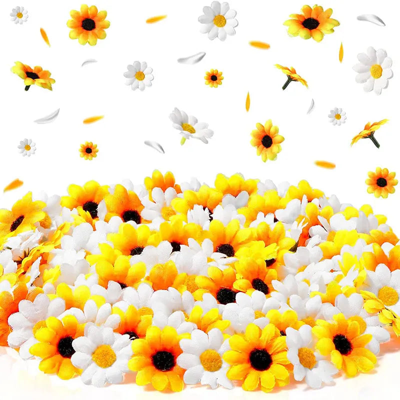 A dense arrangement of yellow and white artificial sunflower and daisy heads for DIY and wedding decor