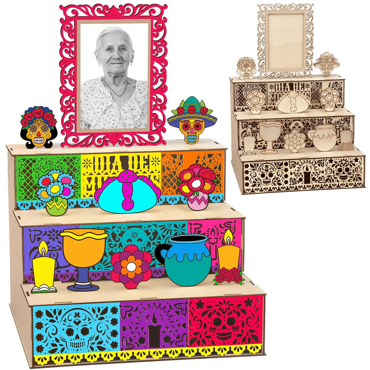 A wooden memory box for Día de los Muertos featuring a photo display and decorative elements.