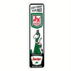 A vintage funny metal street sign featuring a green stamp design and a cartoon character.
