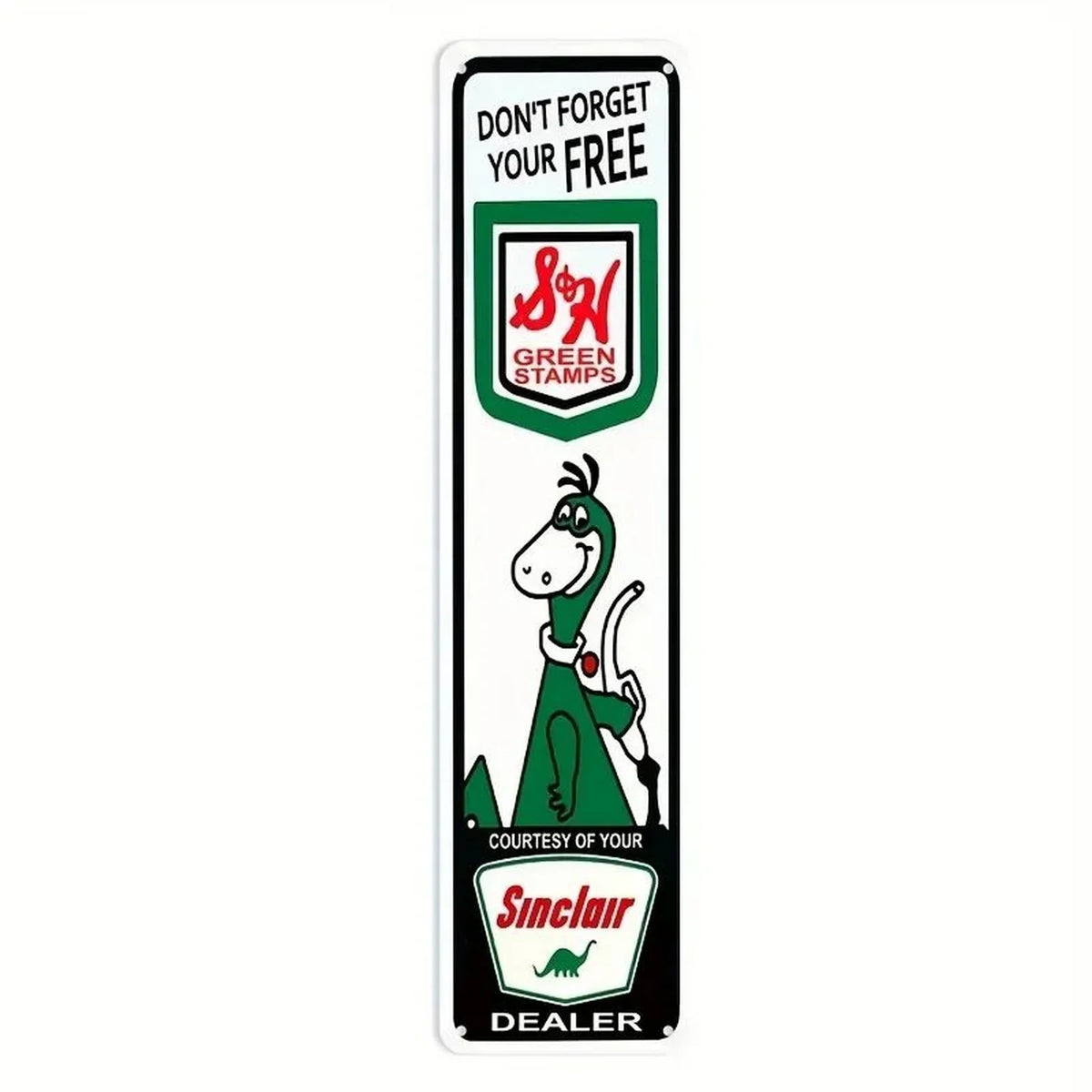 A vintage funny metal street sign featuring a green stamp design and a cartoon character.
