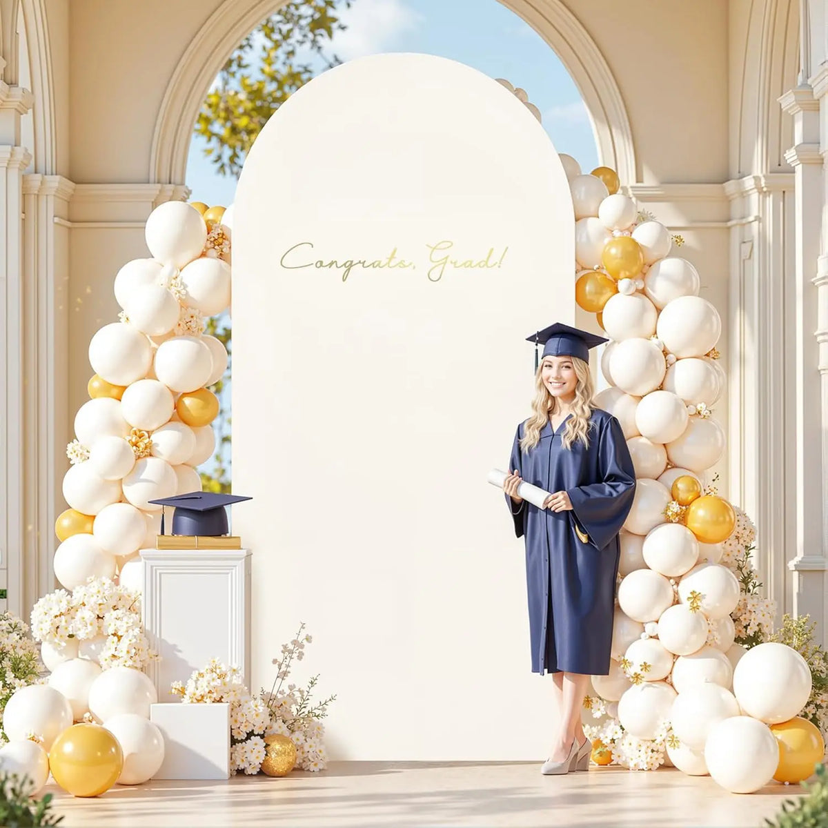 A woman in a graduation gown stands in front of a white arch backdrop decorated with white and gold balloons.