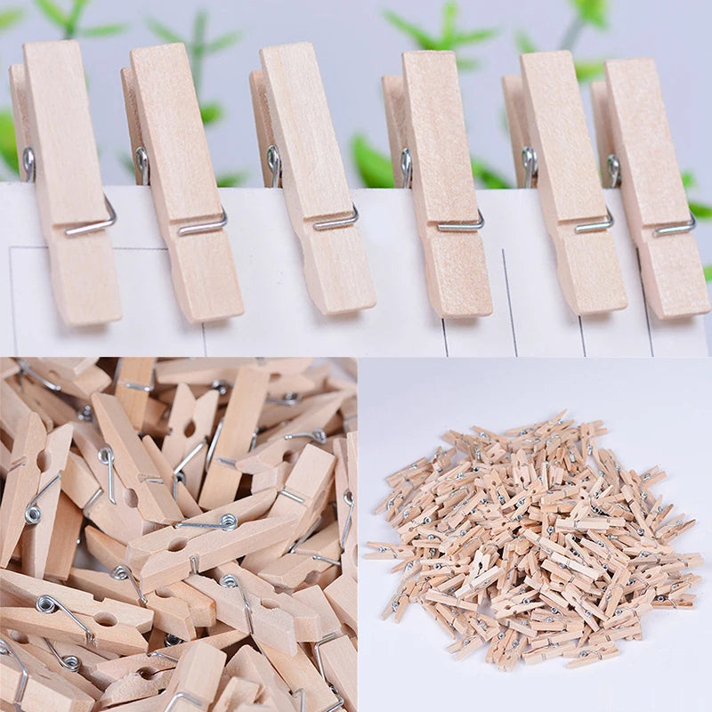 A collection of natural wooden mini clothespins arranged in a row and a pile.