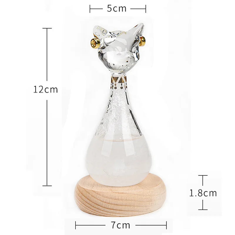 Clear glass bottle decoration shaped like an Egyptian cat with gold accents, used for weather forecast display.