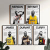 A collection of five framed canvas wall art posters featuring basketball legends like Iverson, Bryant, James, Durant, and Cur