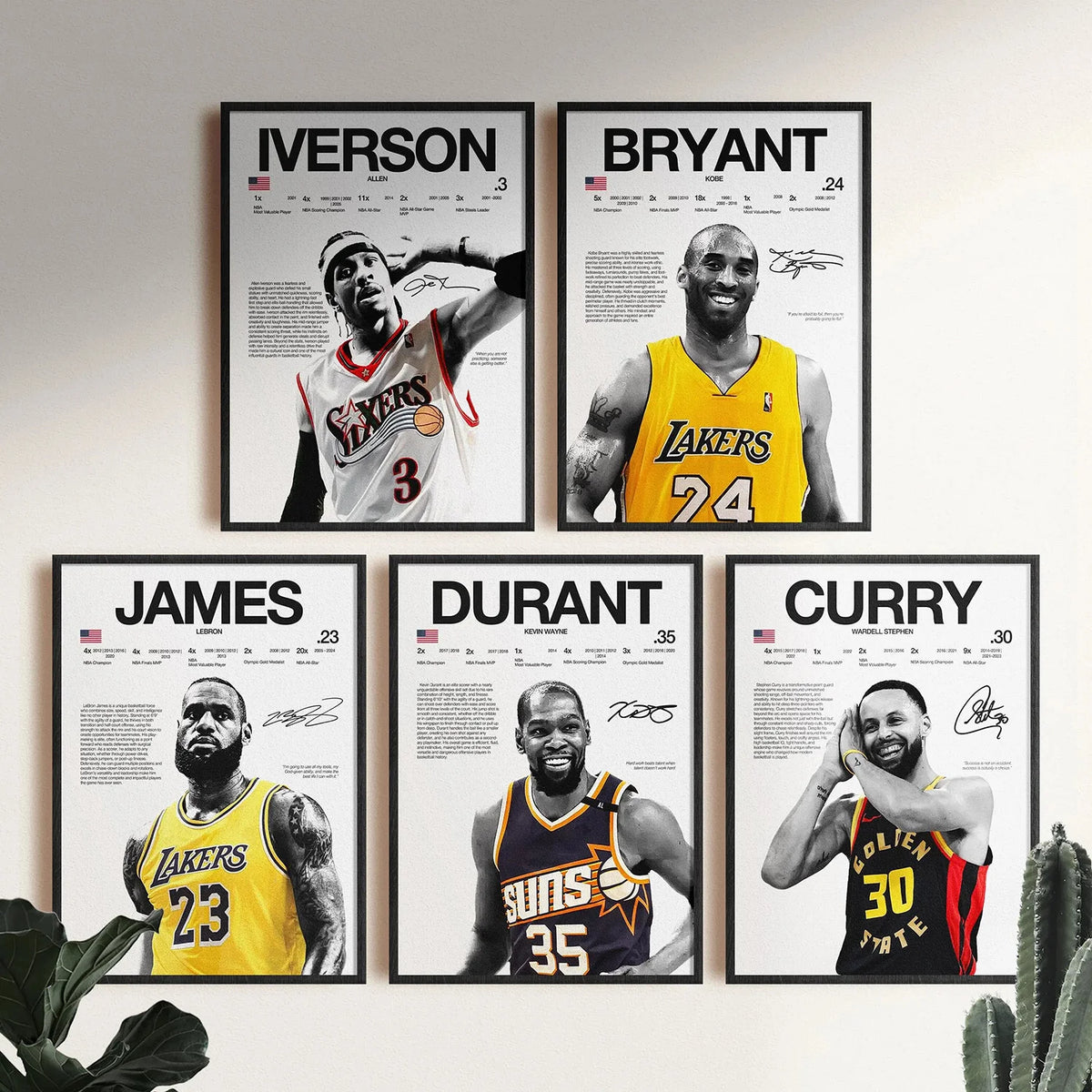A collection of five framed canvas wall art posters featuring basketball legends like Iverson, Bryant, James, Durant, and Cur