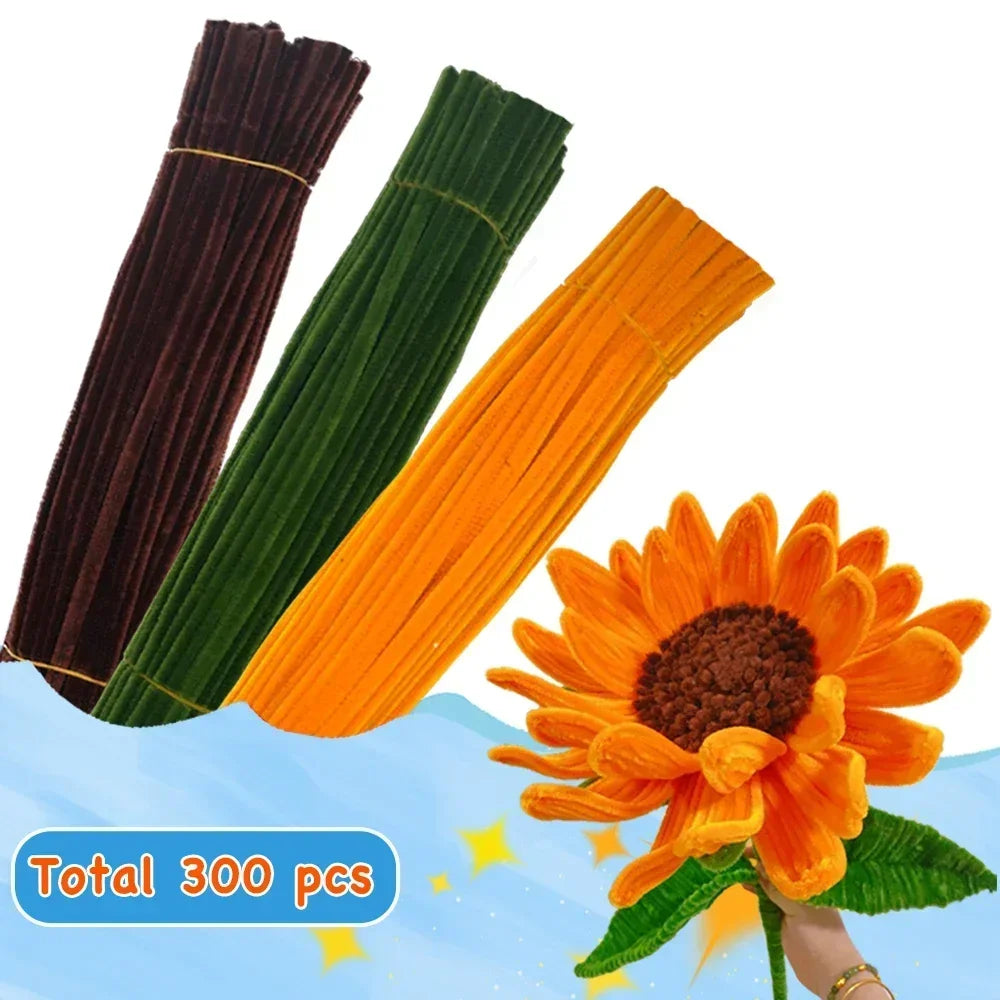 A pack of 300 multi-colored chenille stem pipe cleaners, including black, green, and orange, displayed next to a flower.