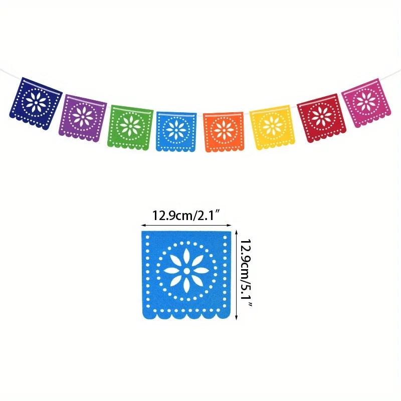 A string of colorful felt papel picado banners in various shades including purple, green, orange, and yellow.