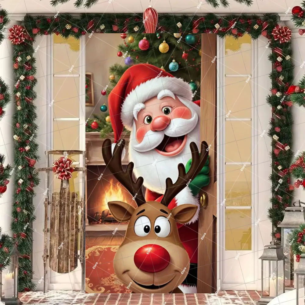 Christmas Santa and Elk door cover banner featuring a jolly Santa and an elk head design on a wooden door.