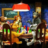 A painting depicting several dogs playing poker around a table in a dimly lit room.