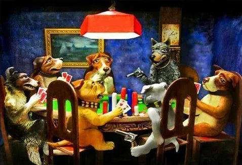 A painting depicting several dogs playing poker around a table in a dimly lit room.