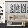 A set of four black and white line art prints featuring abstract female figures and floral designs displayed on a light gray 