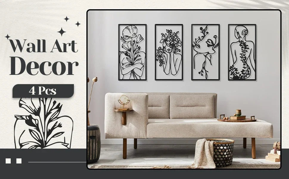 A set of four black and white line art prints featuring abstract female figures and floral designs displayed on a light gray 