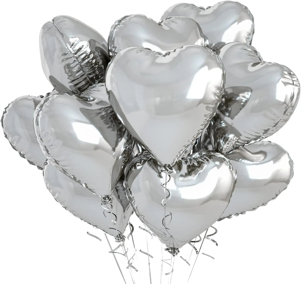 A bunch of silver heart-shaped foil balloons tied together with strings.