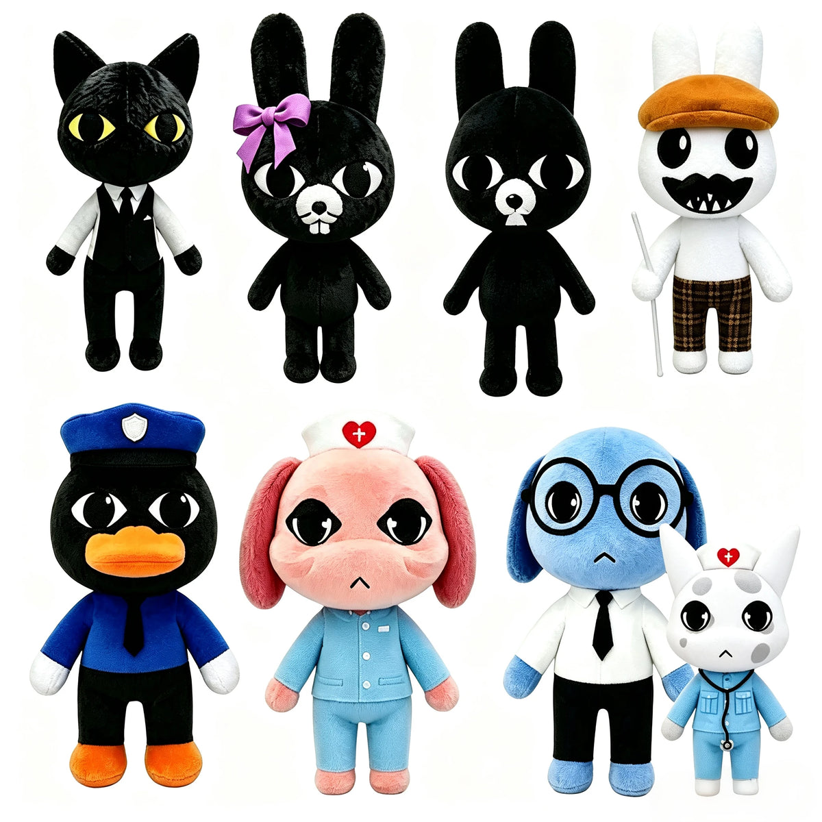 A set of plush toys featuring a black cat, blue dog, pink penguin, and white bunny.