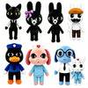 A set of plush toys featuring a black cat, blue dog, pink penguin, and white bunny.