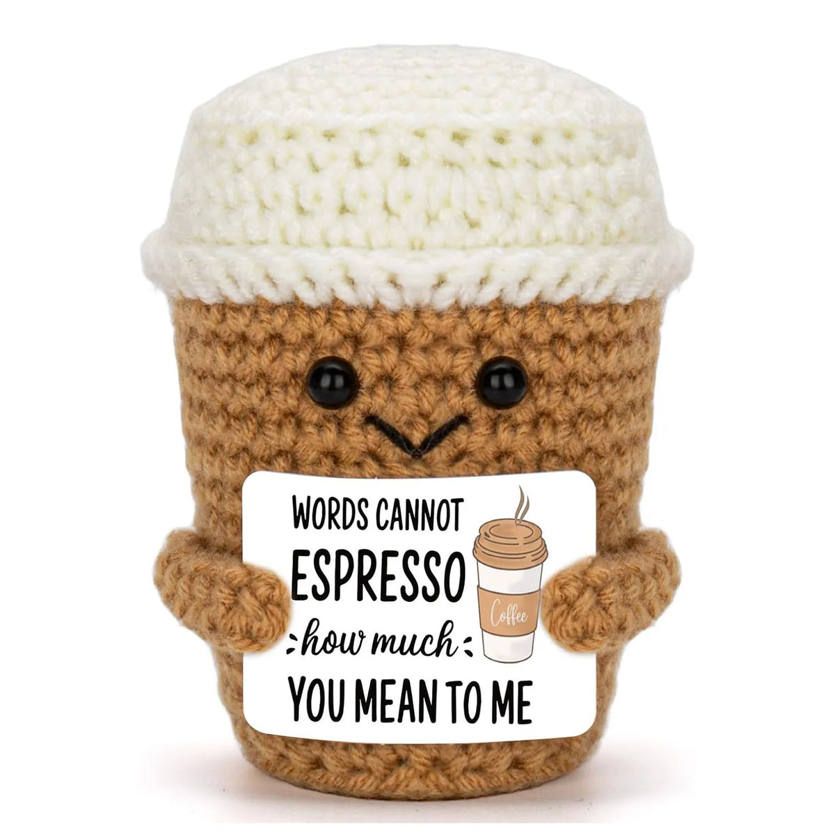 Handwoven knitted coffee cup cozy with a smiling brown doll decoration