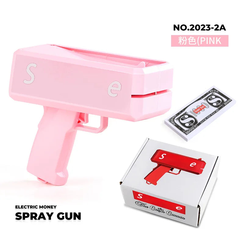 Pink electric money spray gun toy with a silver box and accessories