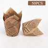 A stack of brown newspaper style cupcake liners and a single liner are shown against a white background.
