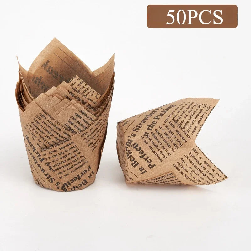 A stack of brown newspaper style cupcake liners and a single liner are shown against a white background.