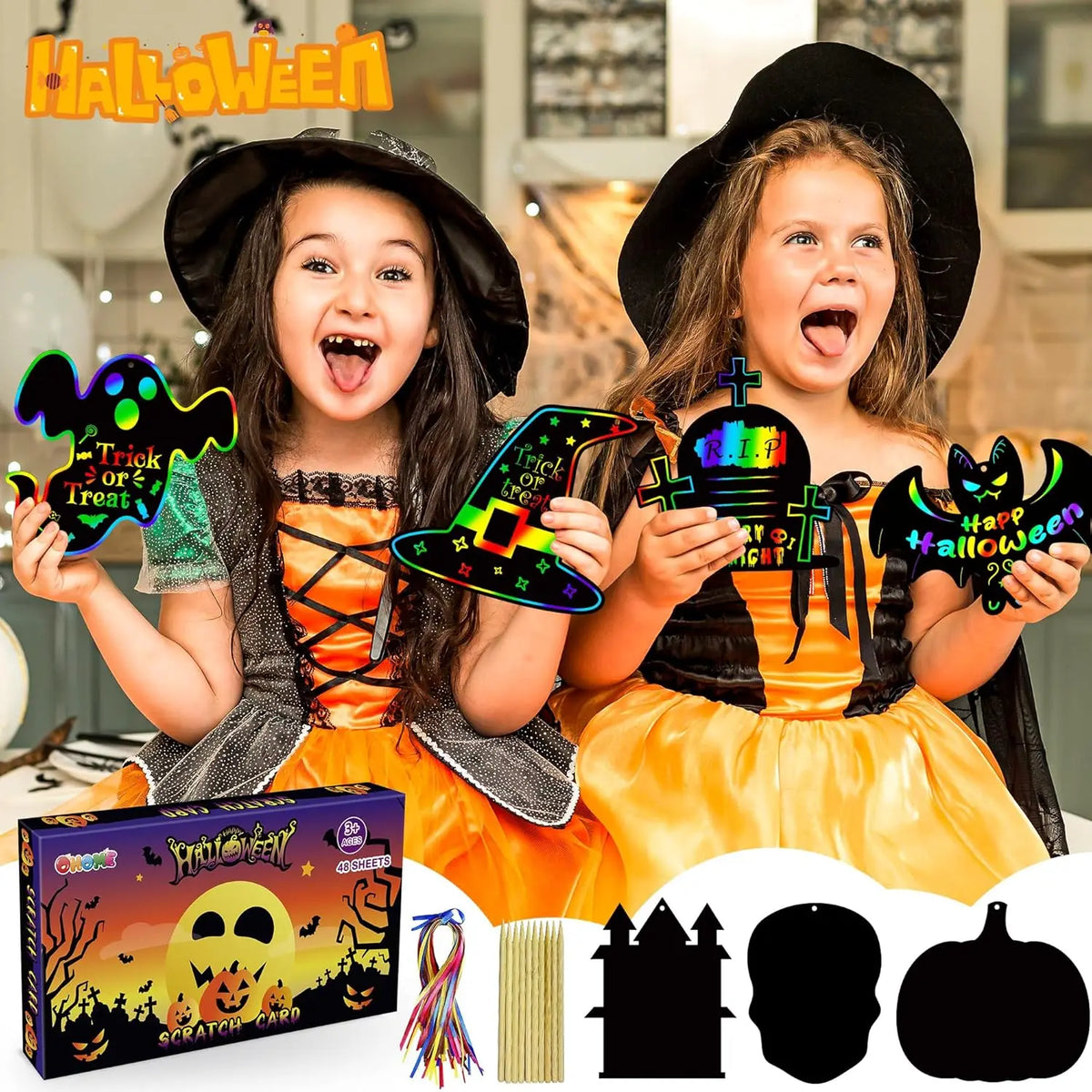 A set of Halloween rainbow scratch art cards for kids featuring a girl and a witch theme.