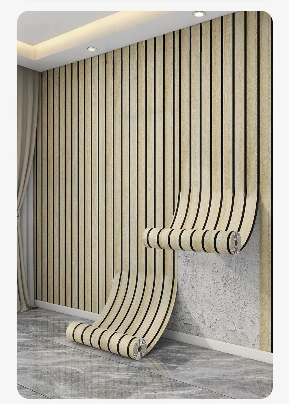 A section of faux wood grain self-adhesive wallpaper featuring vertical slats installed on a light gray wall.