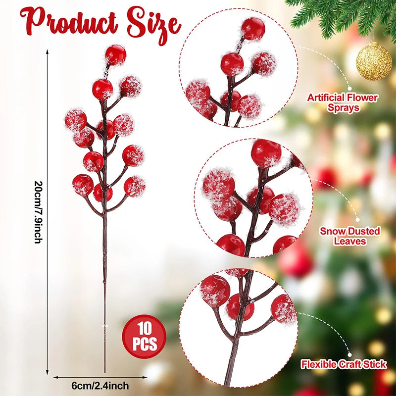 A set of 10 artificial flower sprays featuring red berries and snow-dusted leaves on a flexible craft stick.