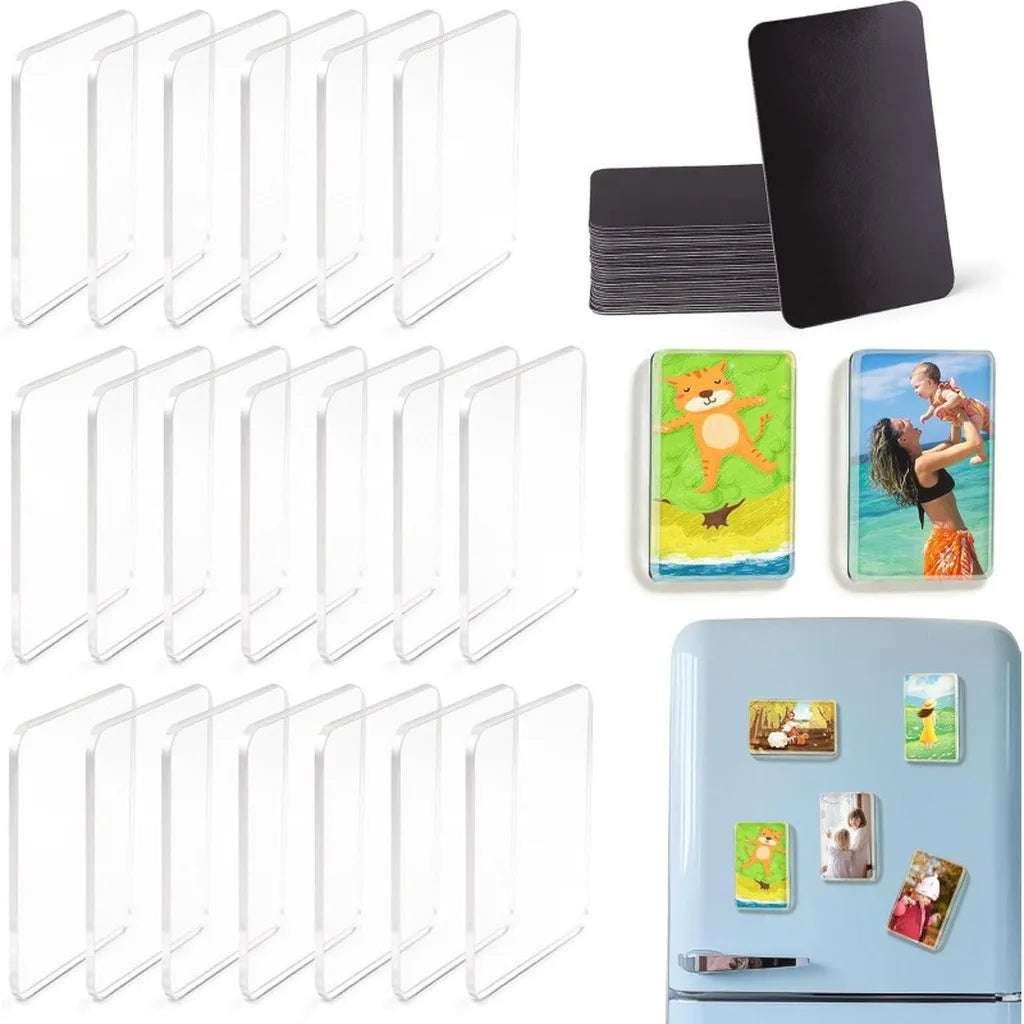 A collection of clear acrylic fridge magnets in various shapes and sizes, including rectangular and oval designs.