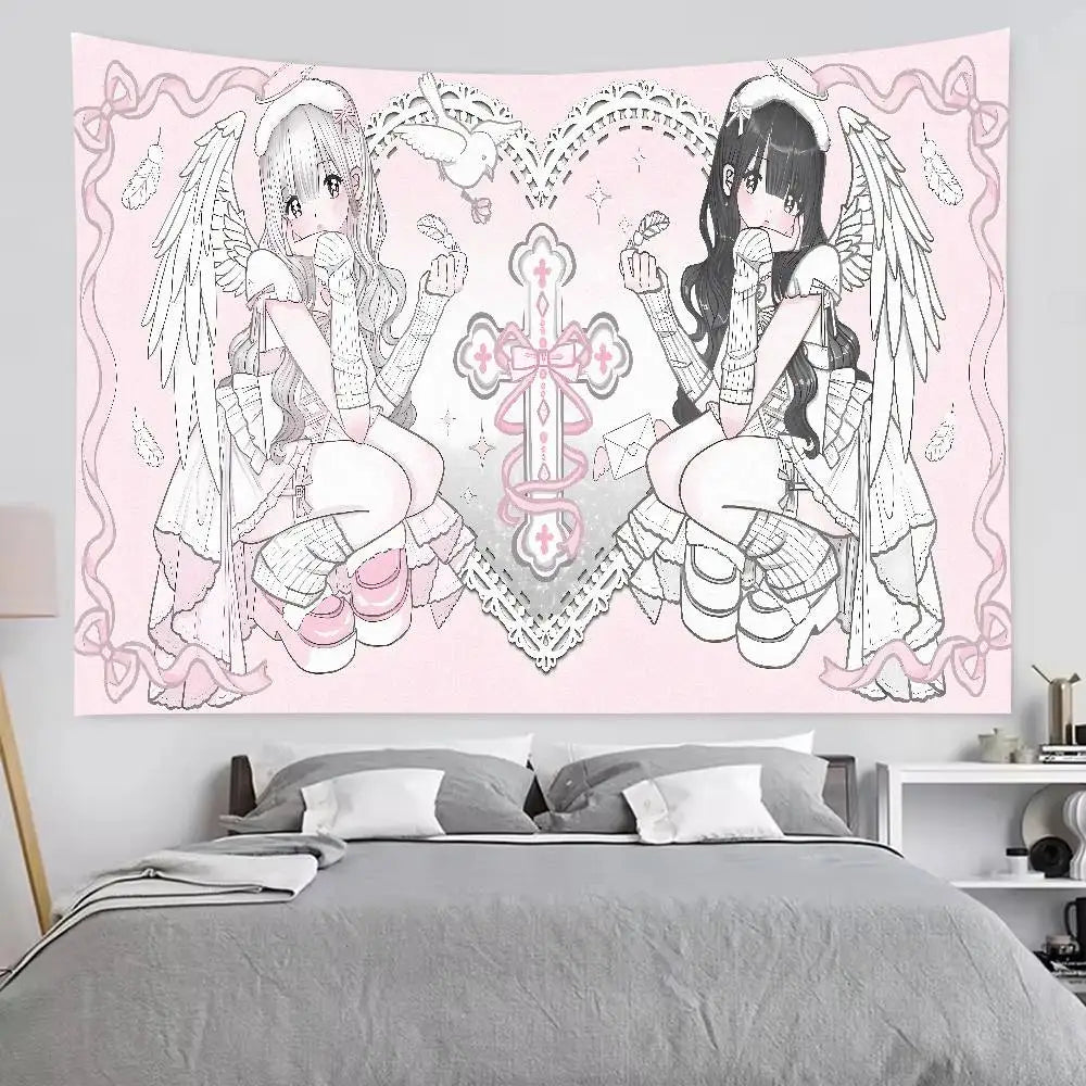 Tapiz decorativo de pared con dos figuras aladas en contornos rosa y blanco