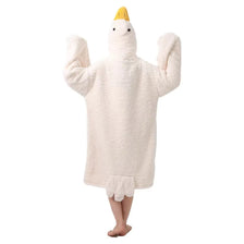 A white, fluffy hooded lounge robe with a yellow beak detail.