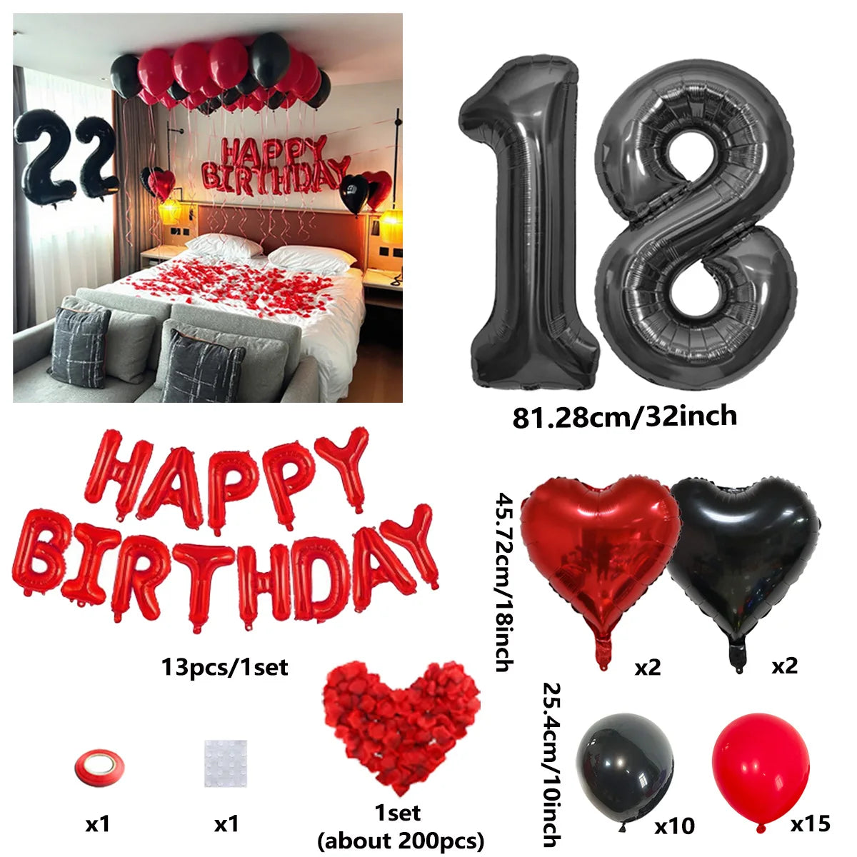 A set of red and black birthday balloons including a 32-inch number balloon, heart balloons, and solid colored balloons.