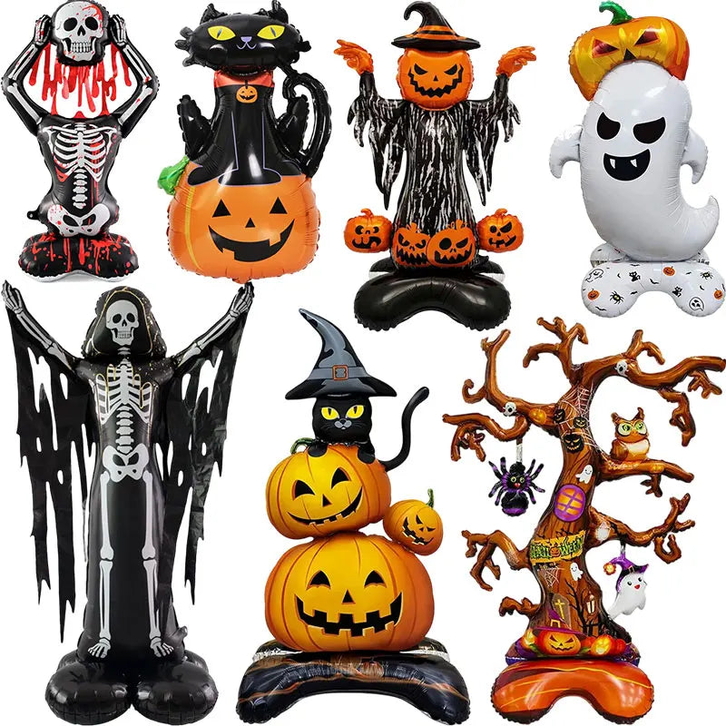 A collection of Halloween foil balloons featuring bat, pumpkin, ghost, and monster designs.