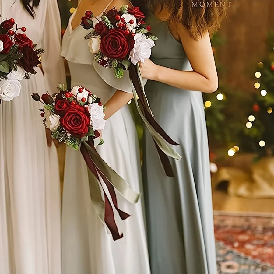 Two women in flowing sage green dresses hold bouquets of artificial red and white roses.